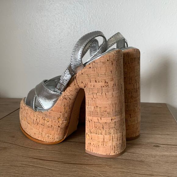 Schutz Pattie Platform Pump Heels sz 8 US Chunky Sandal Silver Cork Cyber Y2K - Picture 3 of 13